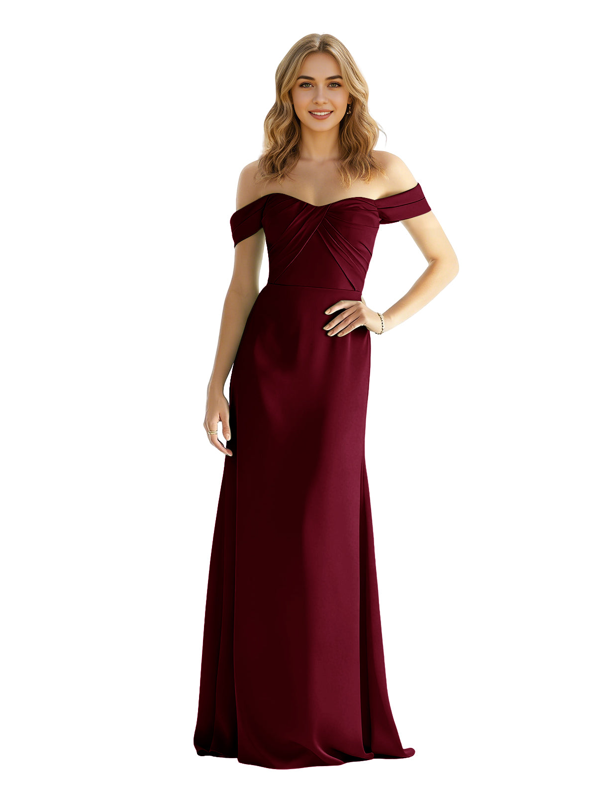Sweetheart Off Shoulder Satin Bridesmaid Dress with Wrapped Bodice