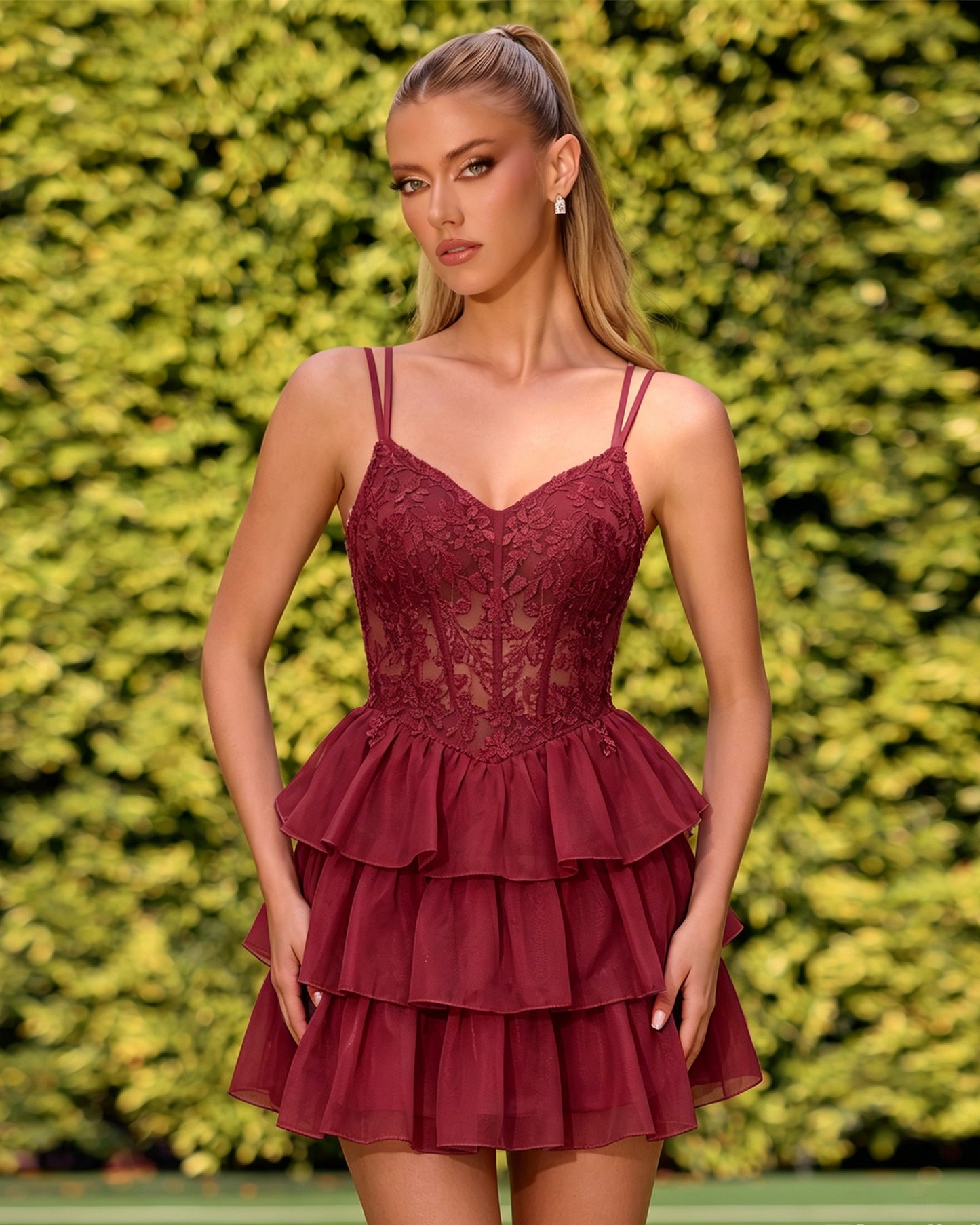 Double Strap Lace Corset Homecoming Dress with Tiered Tulle Skirt