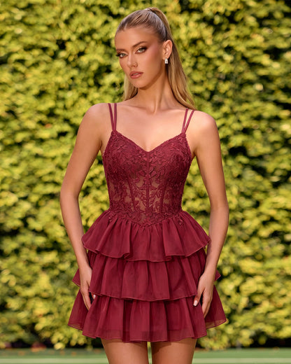 Double Strap Lace Corset Homecoming Dress with Tiered Tulle Skirt