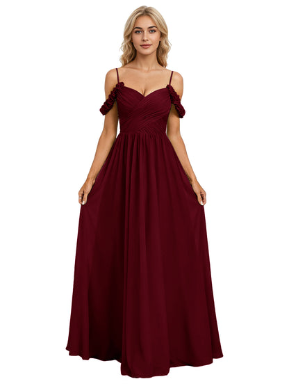 Off Shoulder Lace Applique Bridesmaid Dress with Flowing Chiffon dress