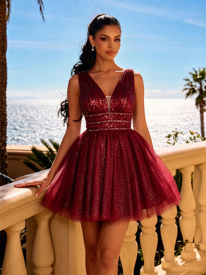 V Neck Beaded Waist Glitter Tulle Homecoming Dress