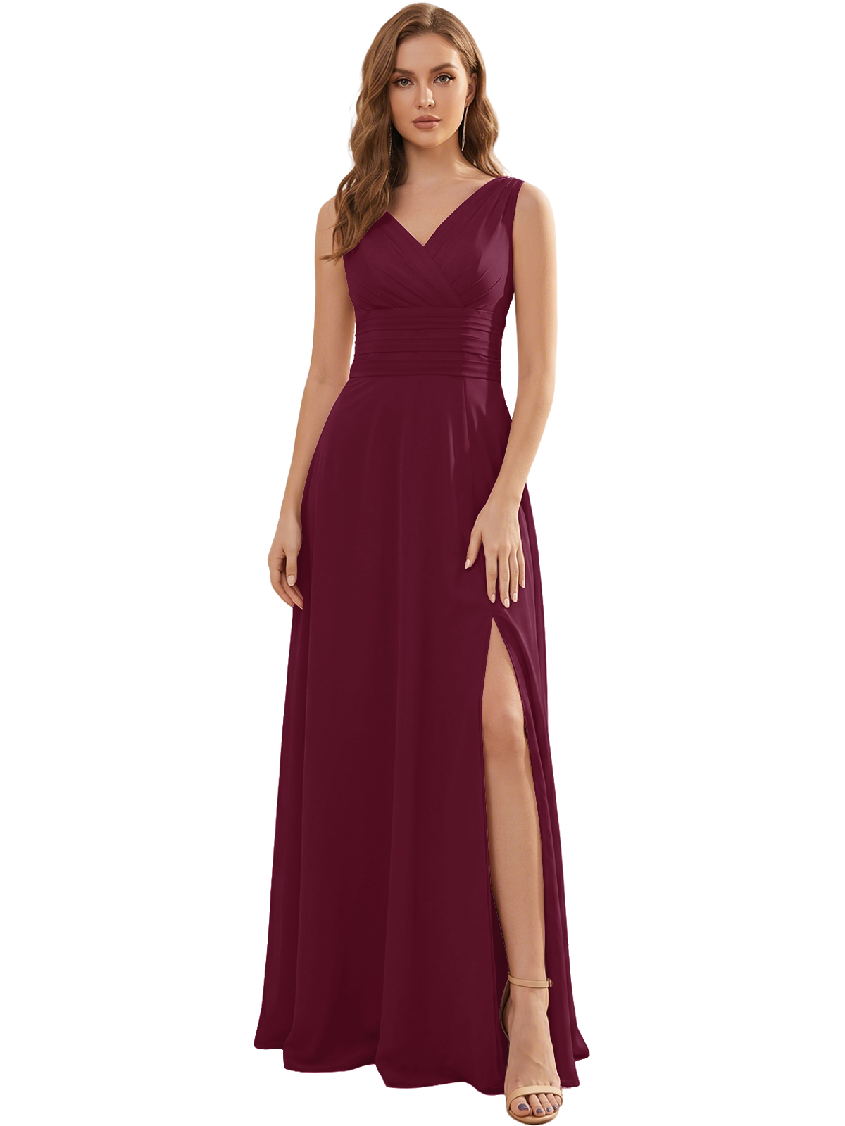 V-Neck Chiffon Bridesmaid Dress with Ruched Waist and Slit