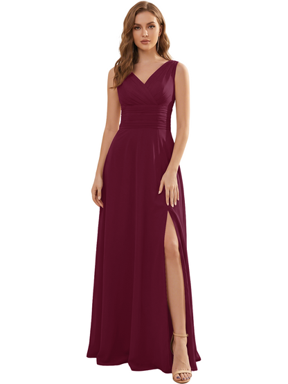 V-Neck Chiffon Bridesmaid Dress with Ruched Waist and Slit