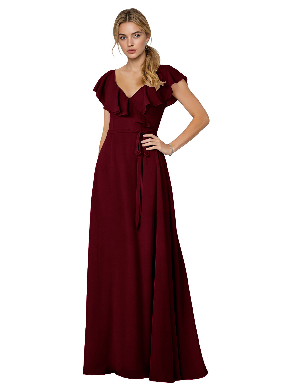 Tie Neck Chiffon Bridesmaid Dress with Flutter Sleeves