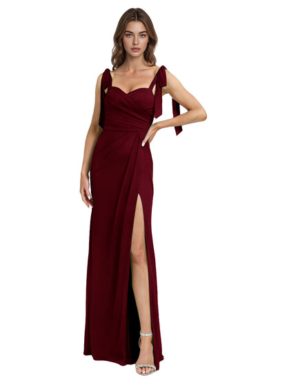 Tie Strap Chiffon Bridesmaid Dress with Square Neck and High Slit