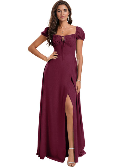 Ruched Short Sleeve Chiffon Bridesmaid Dress with Side Slit