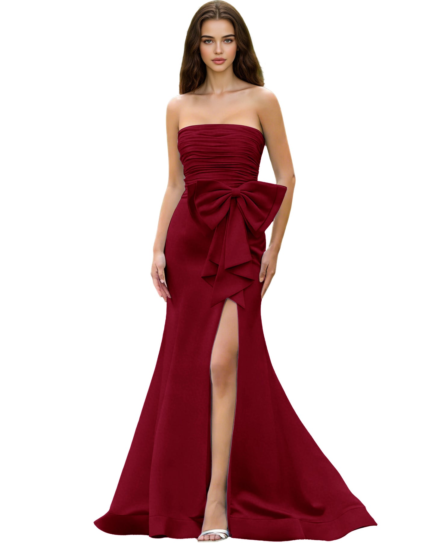 Strapless Bow Detail Satin Prom Dress with Ruched Bodice and Slit