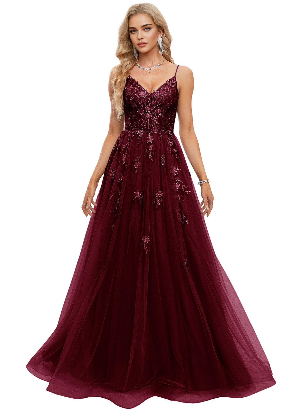 Beaded Bodice Tulle Ball Gown Prom Dress with Spaghetti Straps