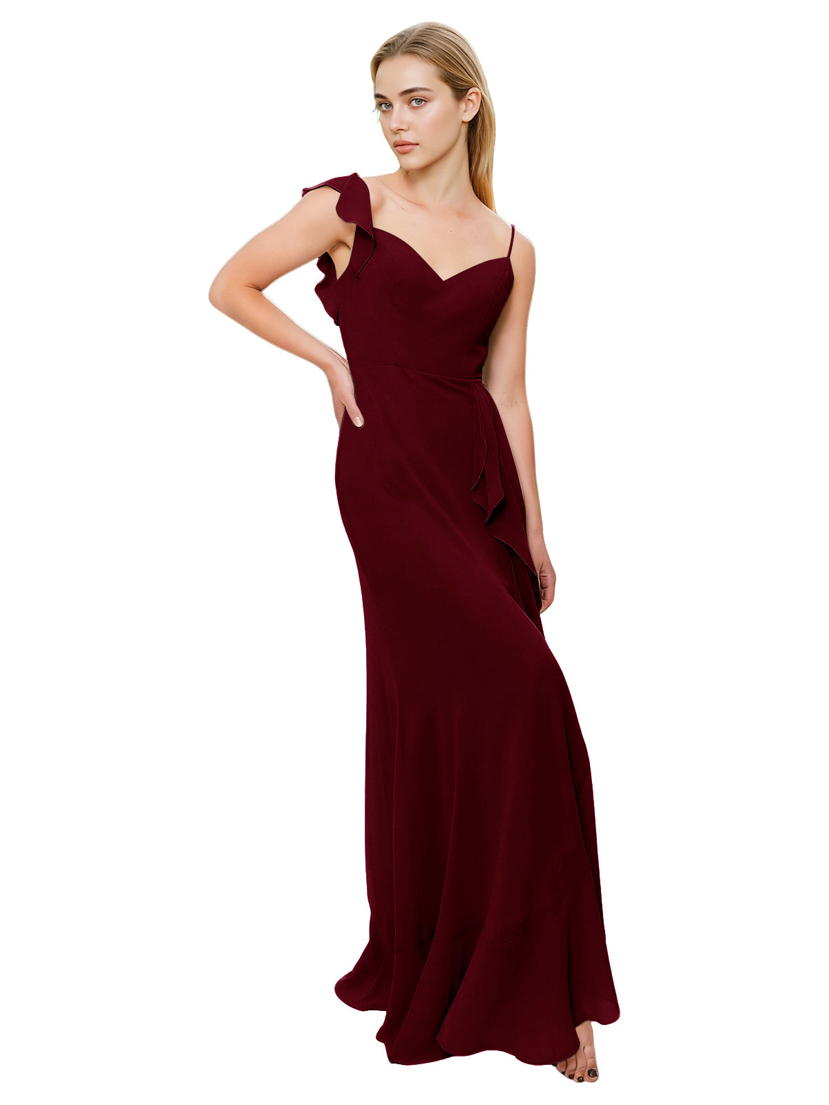 V-Neck Ruffle Strap Bridesmaid Dress with Cascading Chiffon Dress