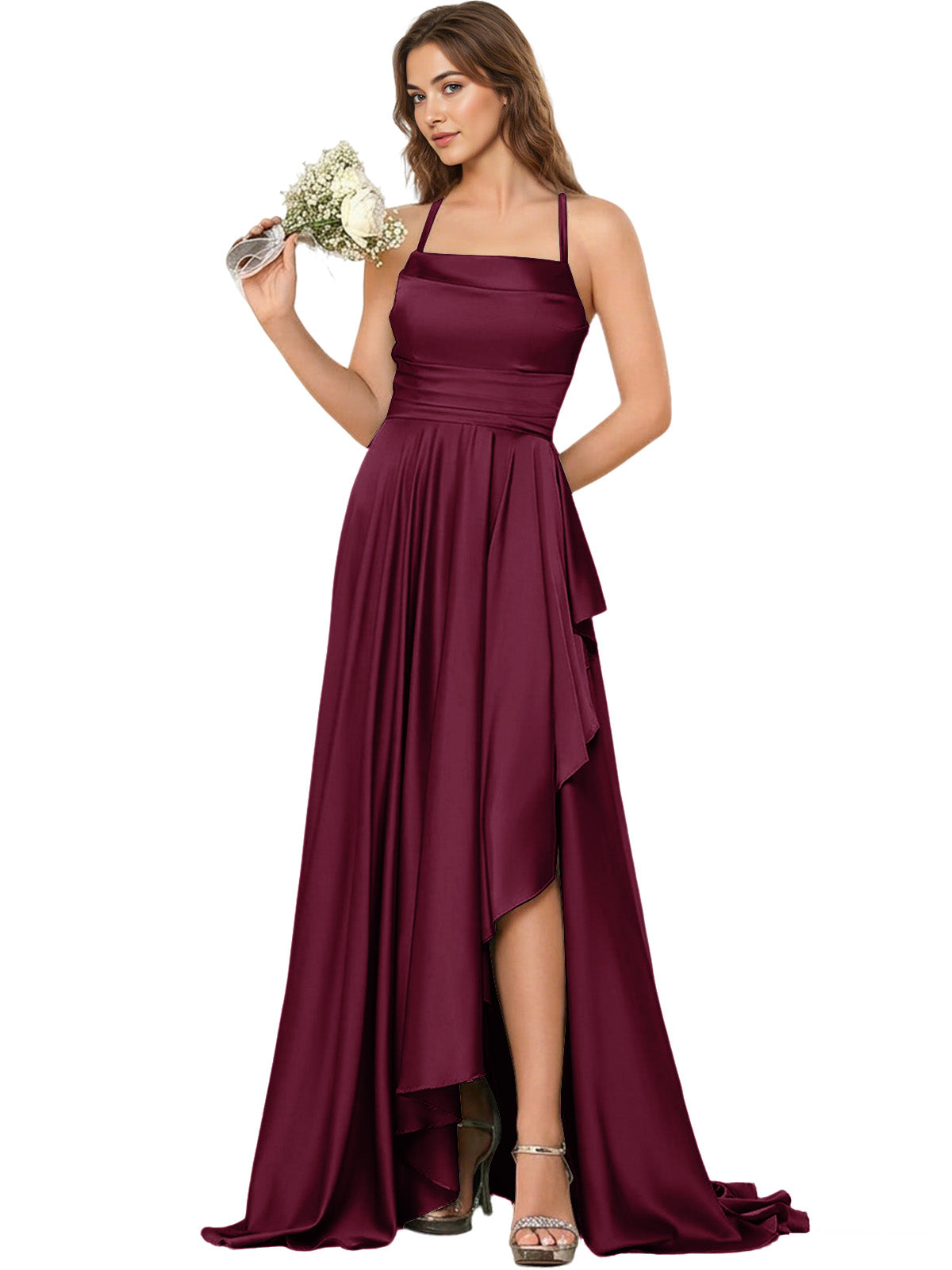 Open Back Halter Bridesmaid Dress with High Low Overlay dress