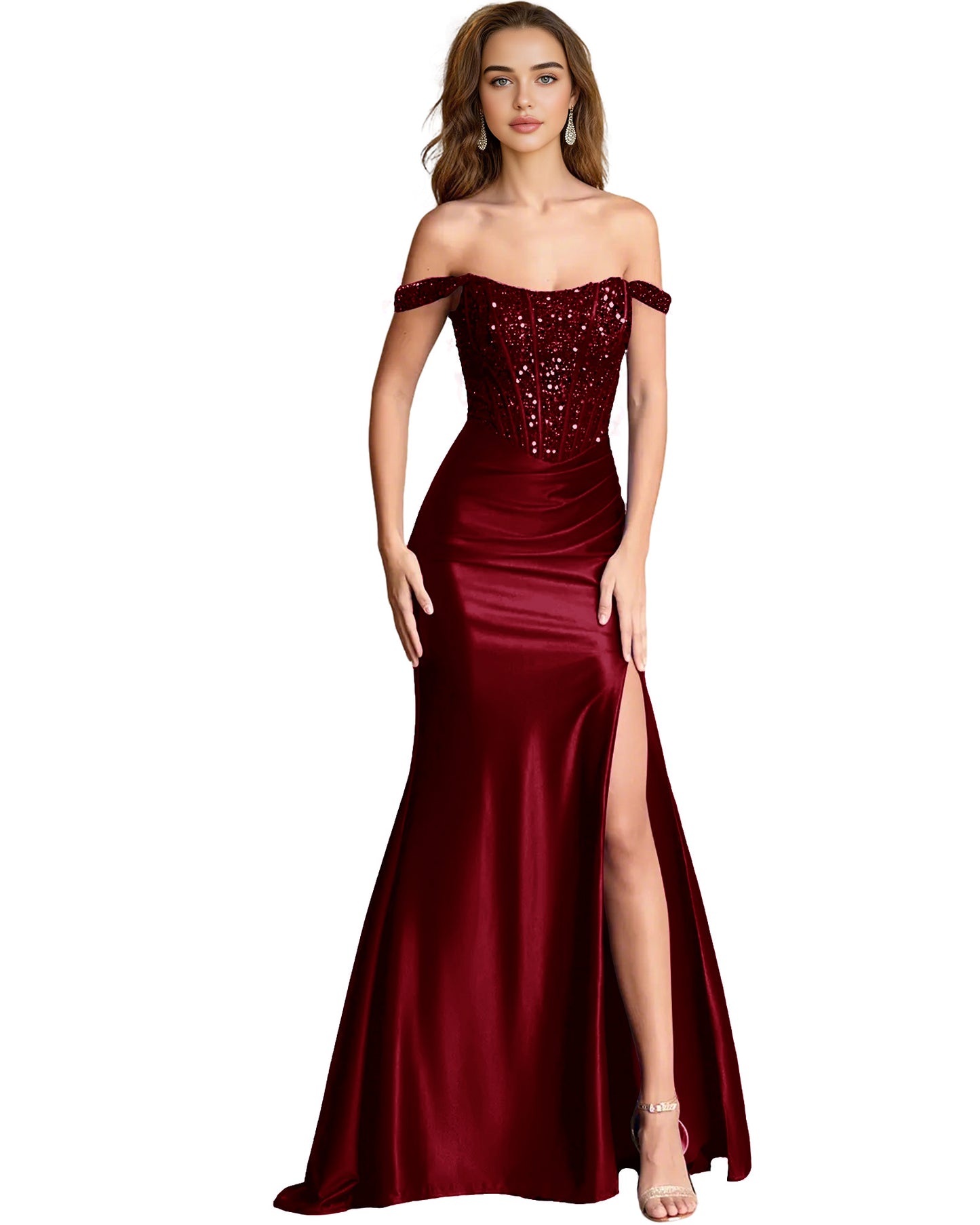 Off Shoulder Sequin Satin Mermaid Dress with Draped dress Slit
