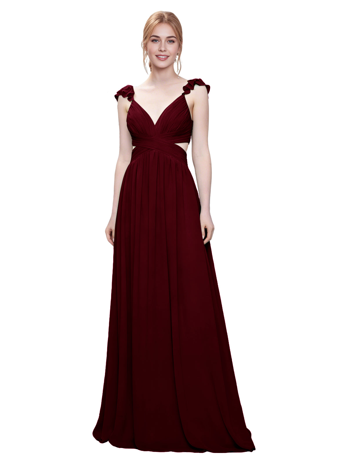 Ruffle Strap V-Neck Tulle Bridesmaid Dress with Pleated Waist