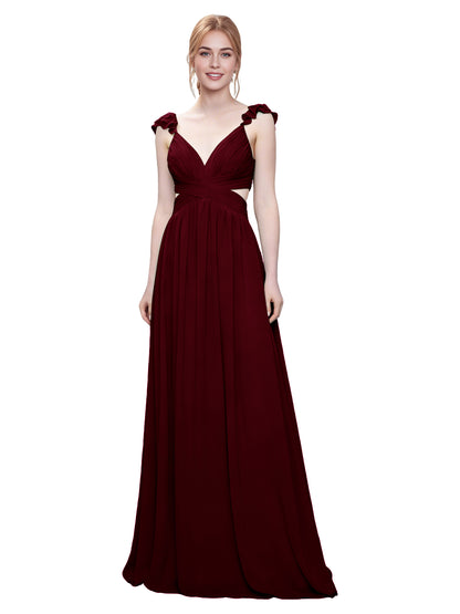 Ruffle Strap V-Neck Tulle Bridesmaid Dress with Pleated Waist