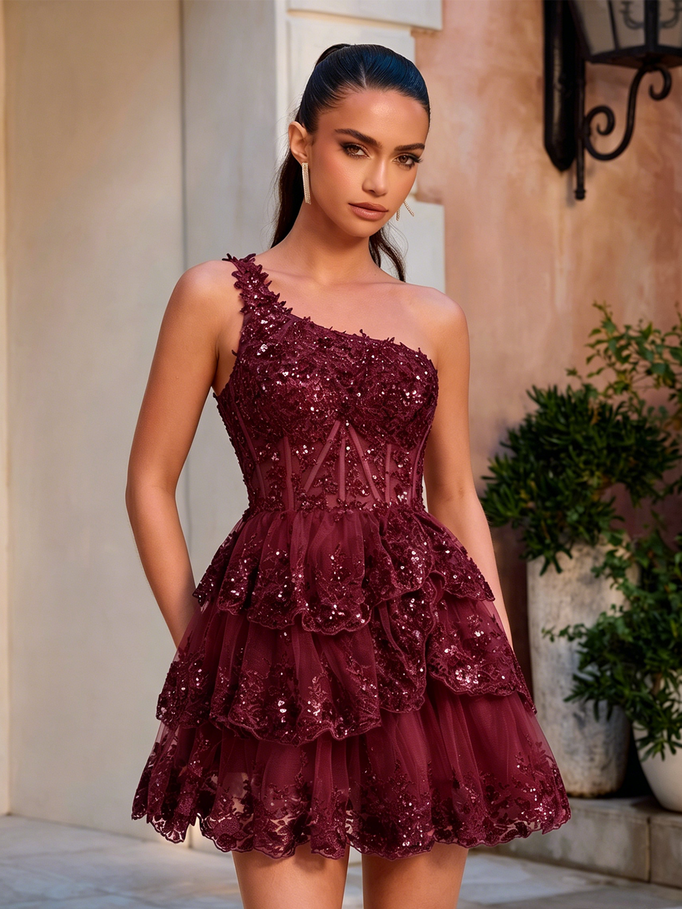 One Shoulder Sequin Lace Corset Tiered Homecoming Dress
