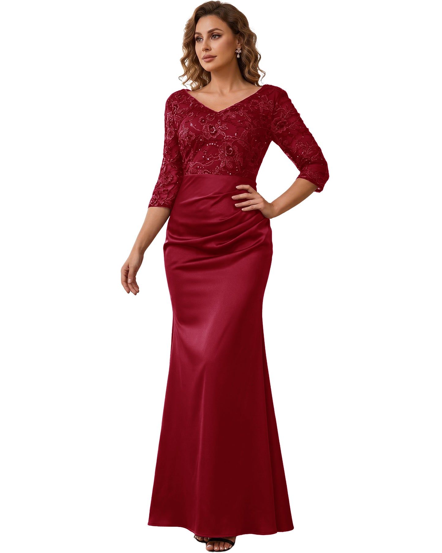 Mother of the Bride Dress Long Lace Mermaid Formal Gown with 3/4 Sleeves