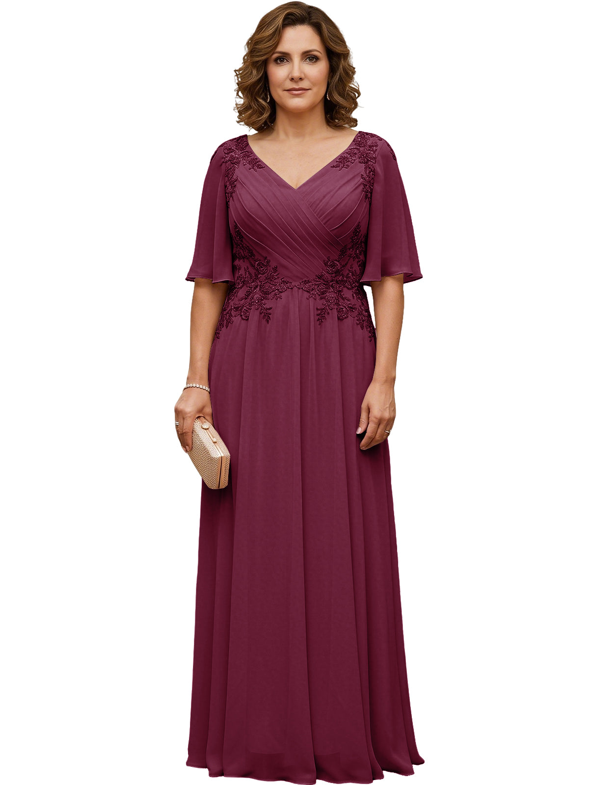 Mother of the Bride Dress Long Chiffon A-Line Gown with Flutter Sleeves and Beaded Lace