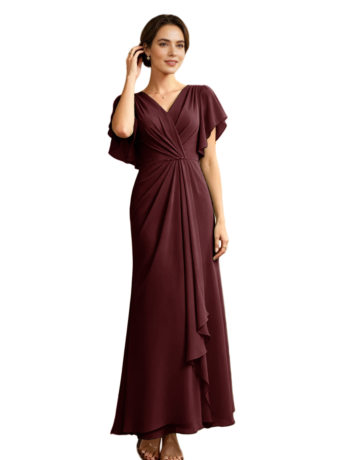 Long Chiffon Mother of the Bride Dress V-Neck Flutter Sleeve A-Line Gown with Beaded Waist