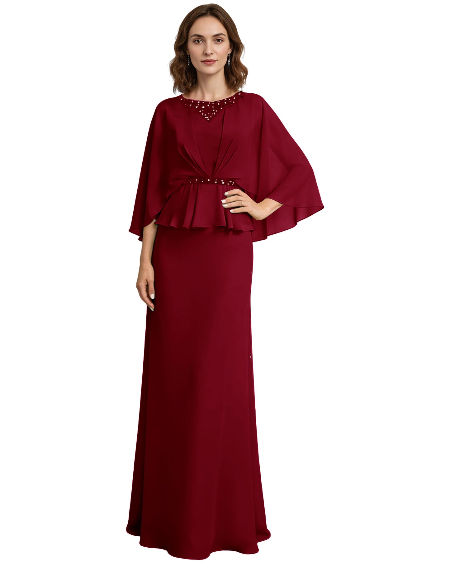 Capelet Mother of the Bride Dress Long Beaded Neck Peplum Chiffon Formal Gown