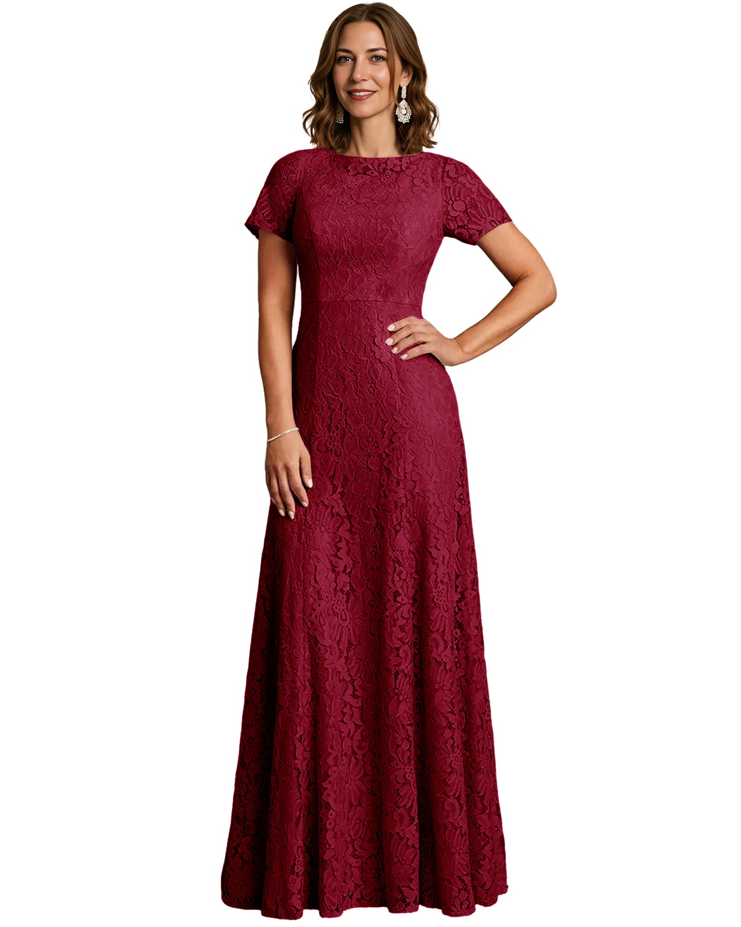 Long Lace Mother of the Bride Dress Short Sleeve Mermaid Gown with Crew Neckline