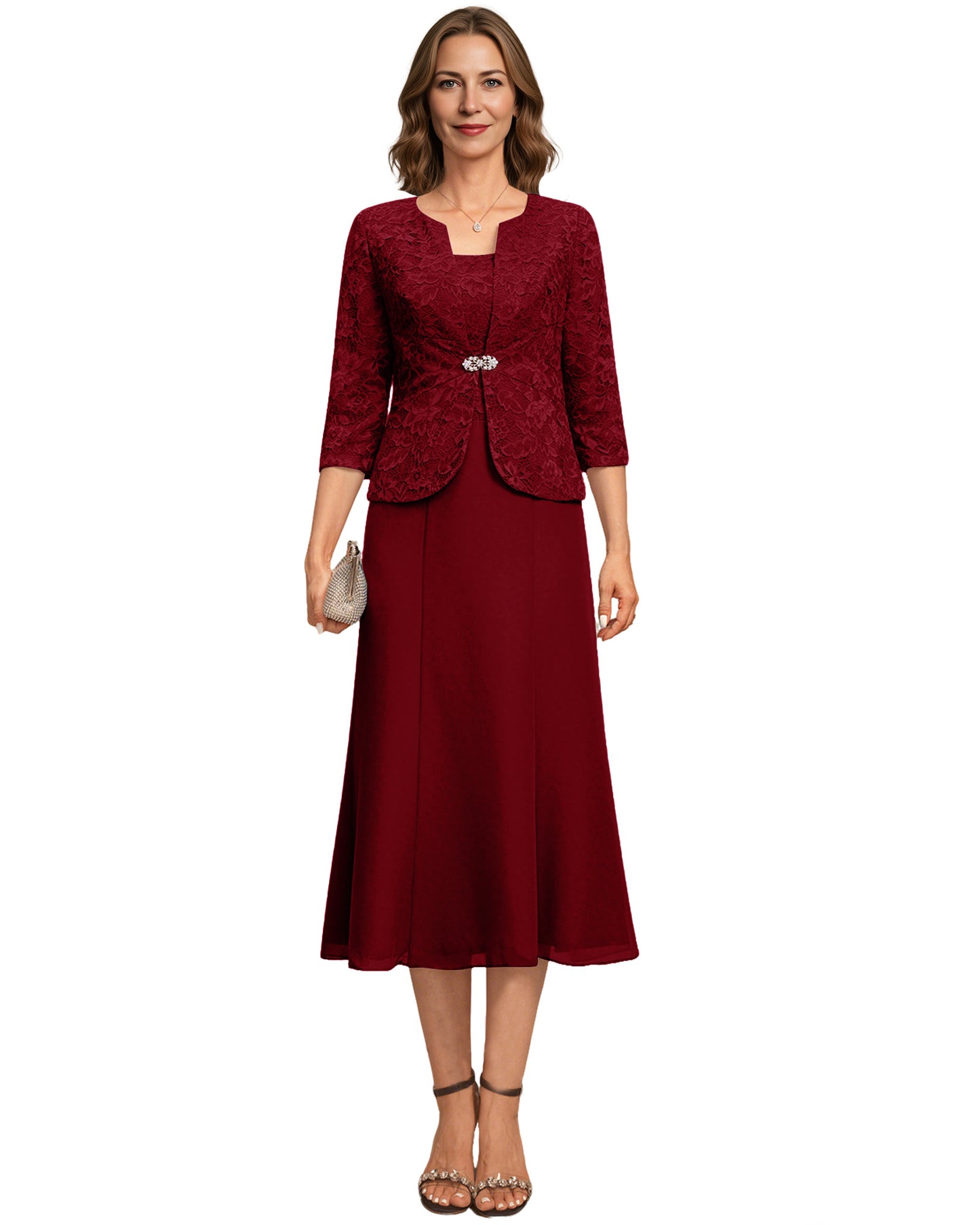 Tea Length Mother of the Bride Dress Lace Jacket Chiffon A-Line Wedding Guest Outfit