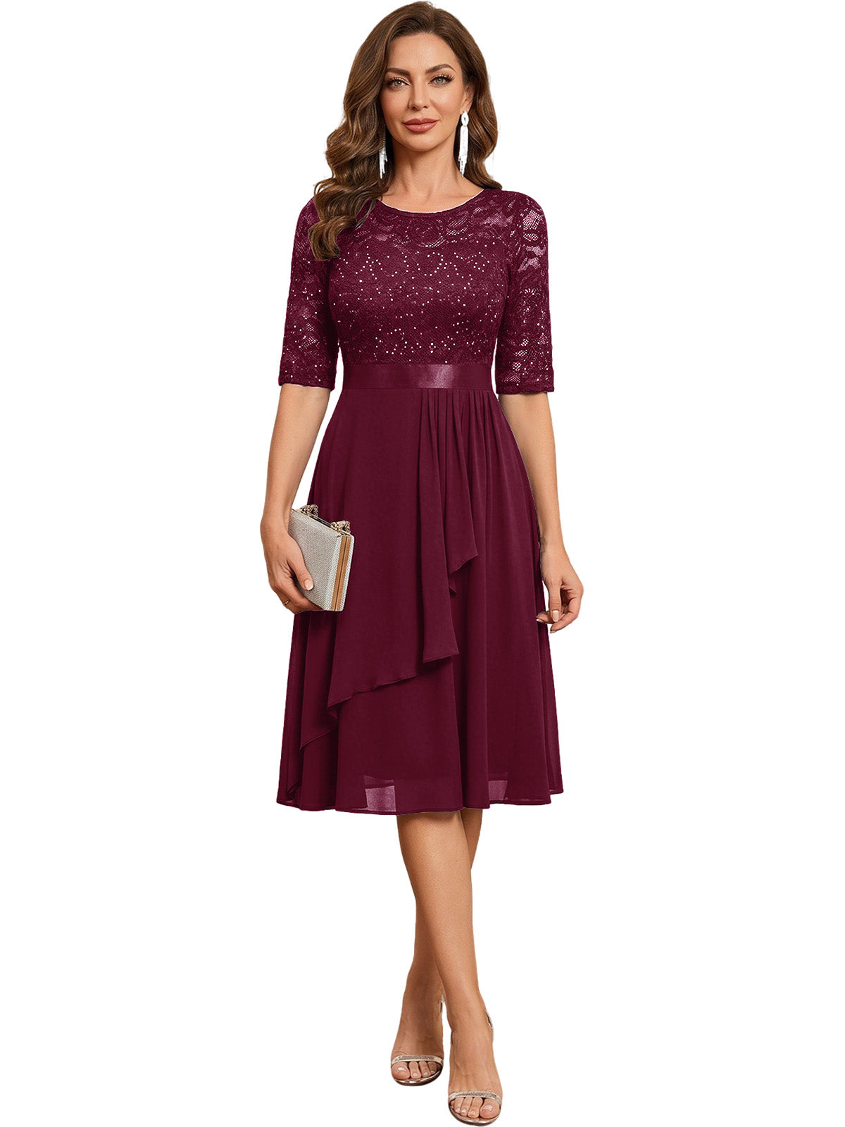 Knee Length Mother of the Bride Dress Sequined Lace Bodice Chiffon Skirt Formal Guest Outfit