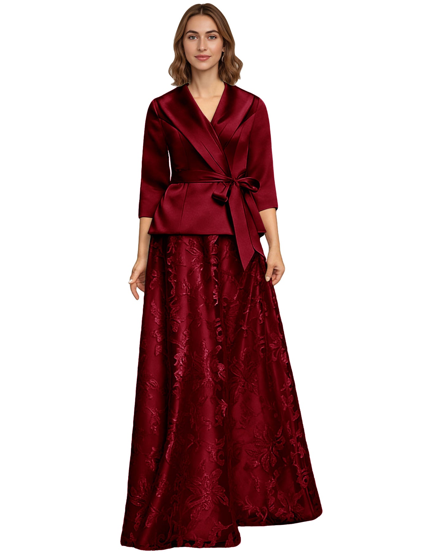 Two Piece Mother of the Bride Dress Satin Wrap Top Embroidered Long Skirt Formal Set