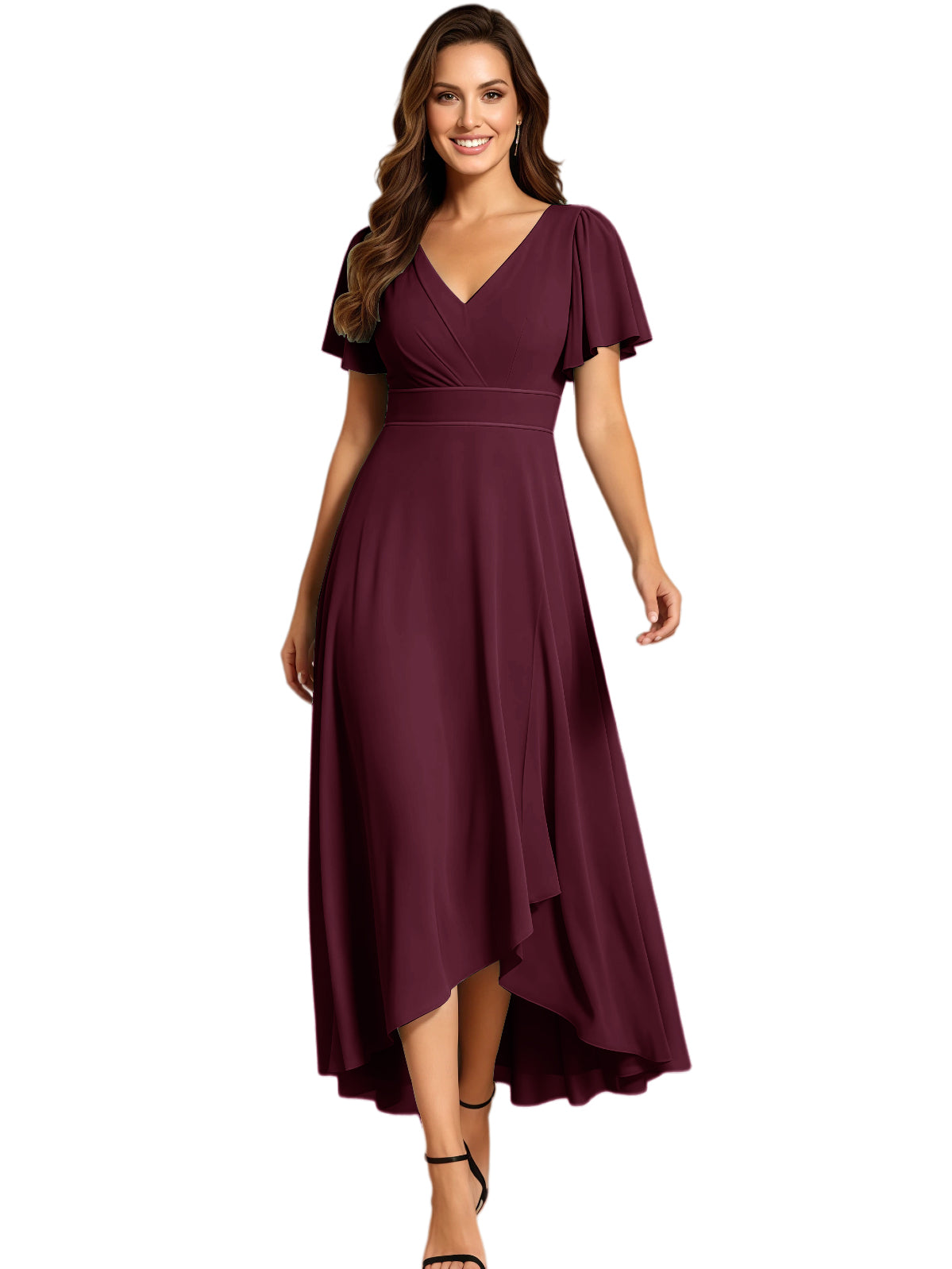 High Low Mother of the Bride Dress V-Neck Flutter Sleeve Chiffon Formal Gown