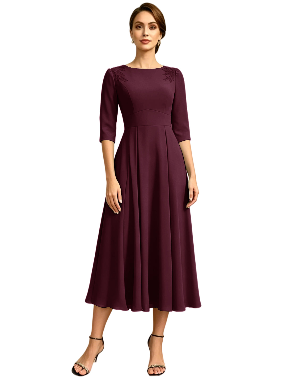 Tea Length Mother of the Bride Dress Jewel Neck Chiffon A-Line Formal Gown with Embroidery