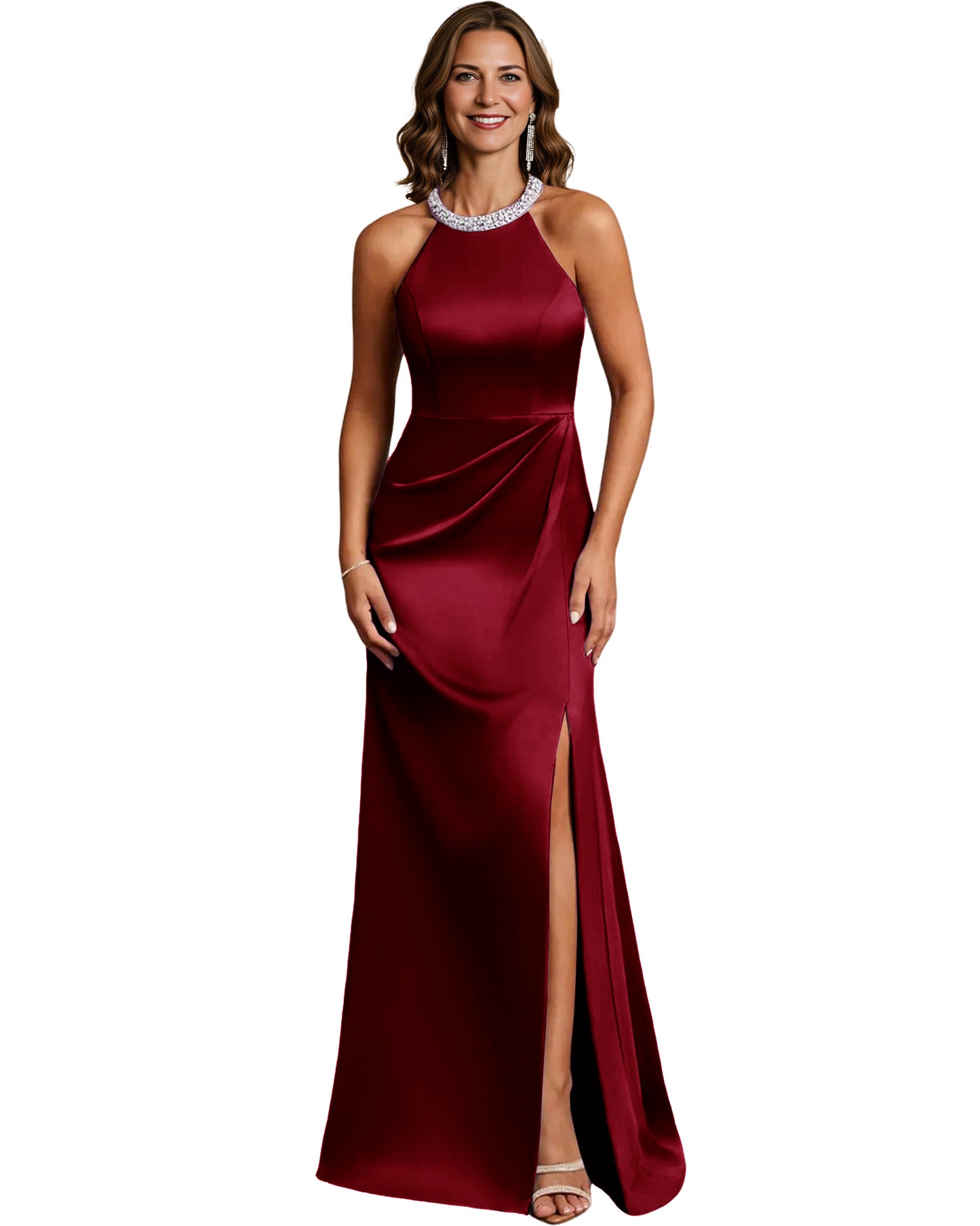 Halter Neck Mother of the Bride Dress Satin Mermaid Gown with Beaded Collar and Slit