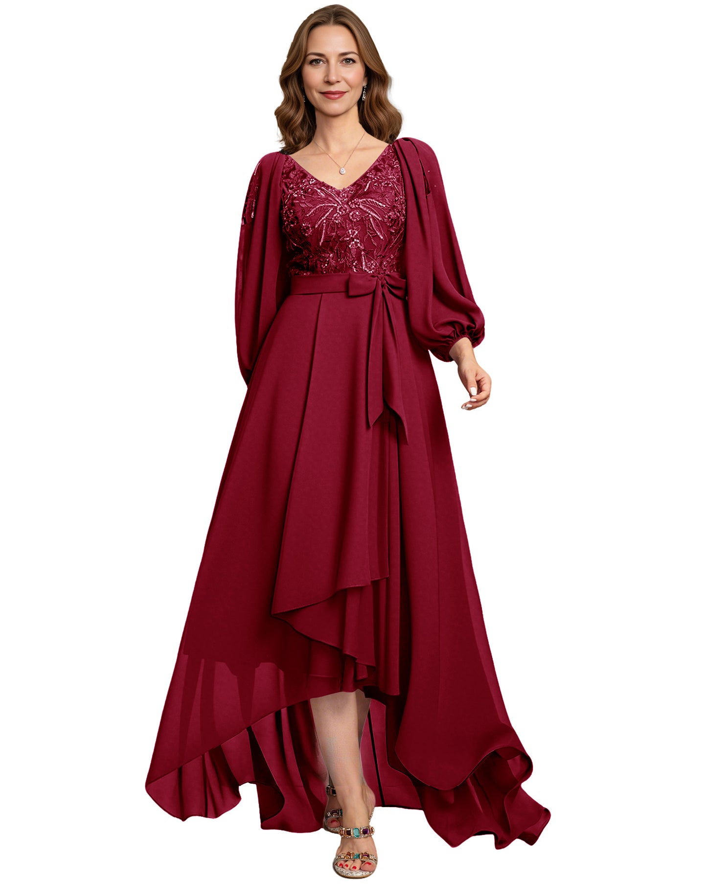 High Low Mother of the Bride Dress Lace Bodice Chiffon Jacket Formal Wedding Gown