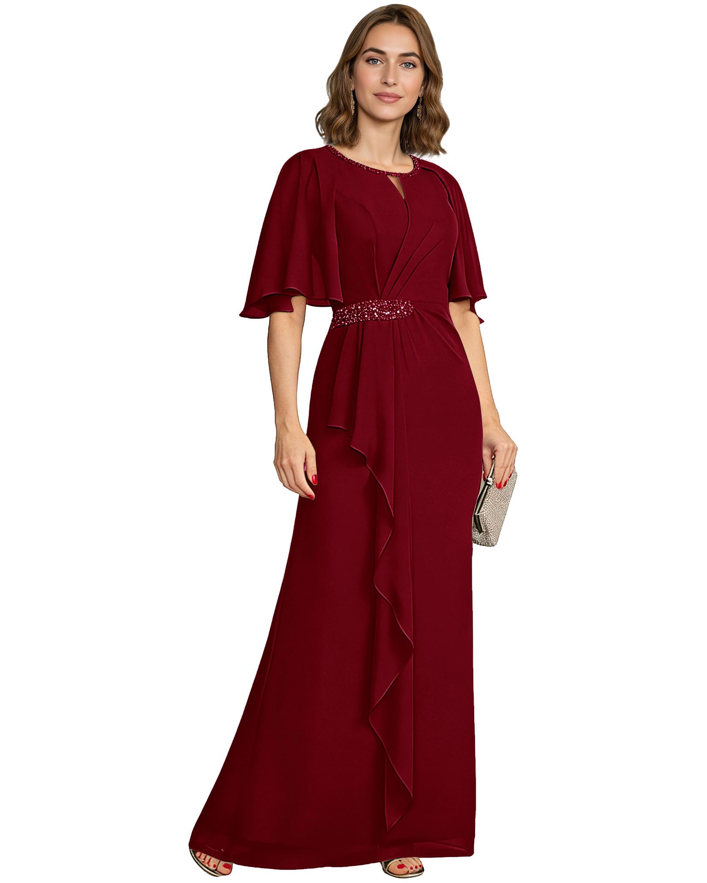 Long Mother of the Bride Dress Chiffon Flutter Sleeve Beaded Waist Formal A-Line Gown