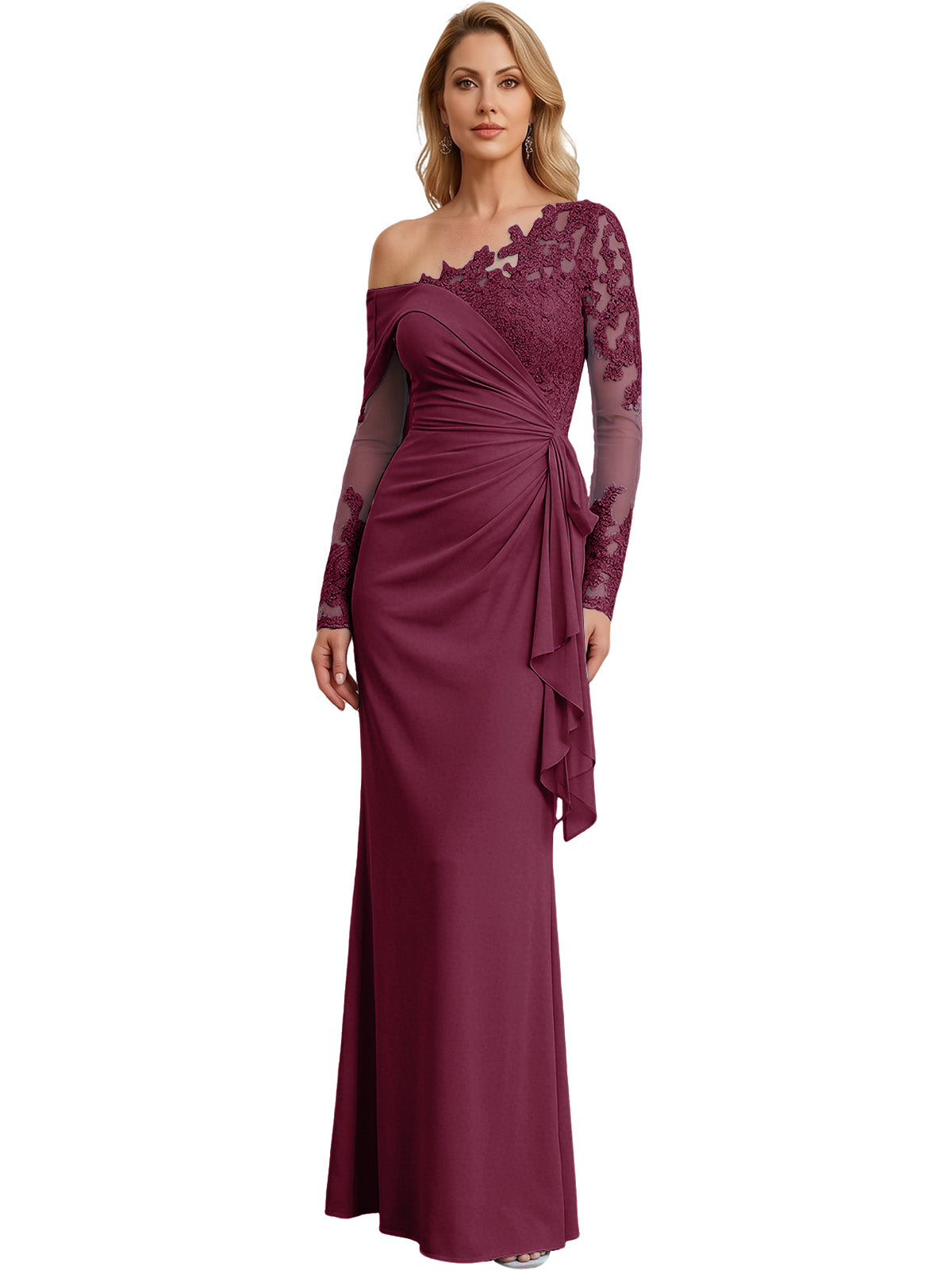 One Shoulder Mother of the Bride Gown Long Lace Sleeve Mermaid Dress with Draped Ruffle