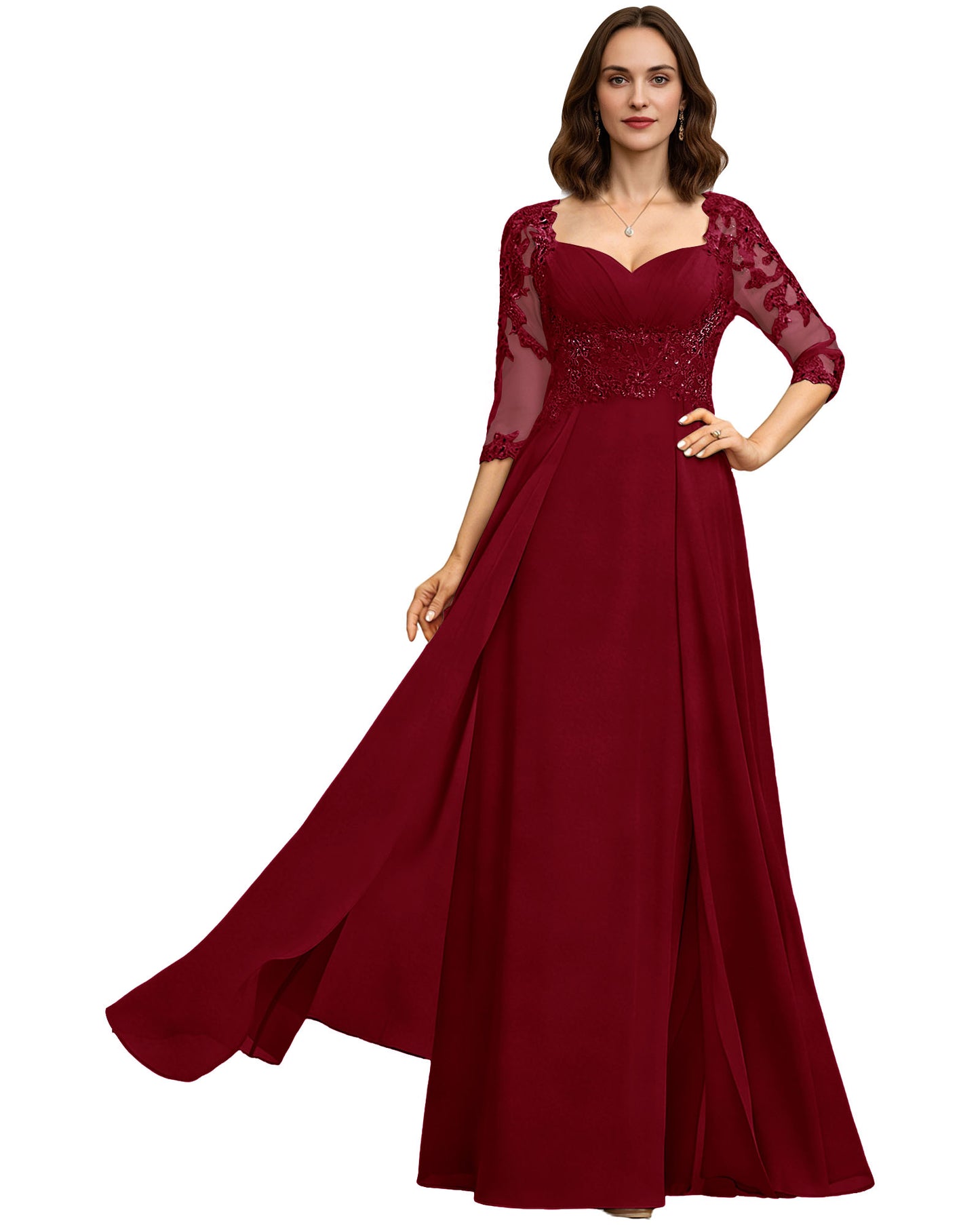 Long Sweetheart Mother of the Bride Dress Lace 3/4 Sleeve Chiffon A-Line Gown