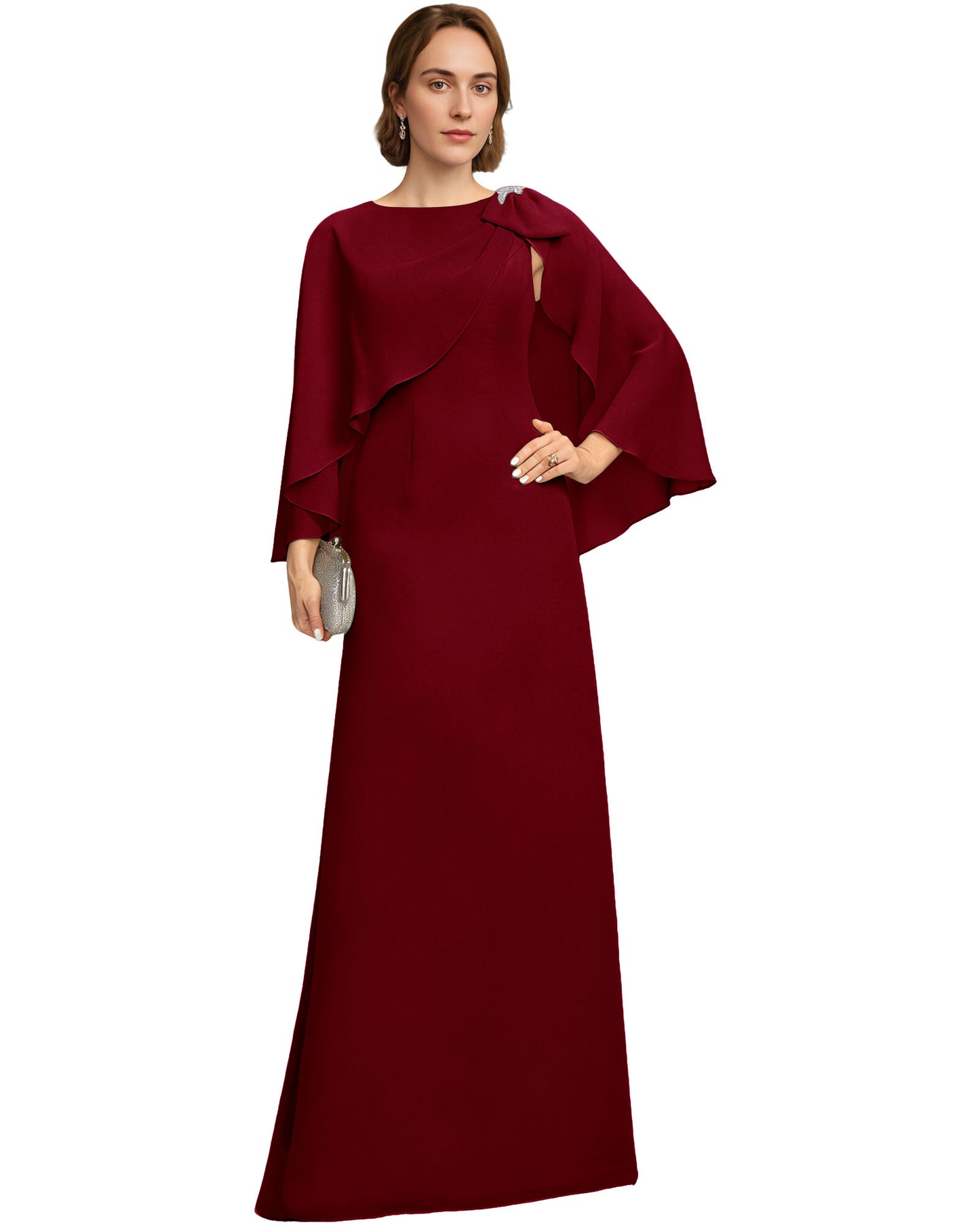 Long Cape Sleeve Mother of the Bride Dress Jewel Neck Chiffon Column Gown with Bow Detail