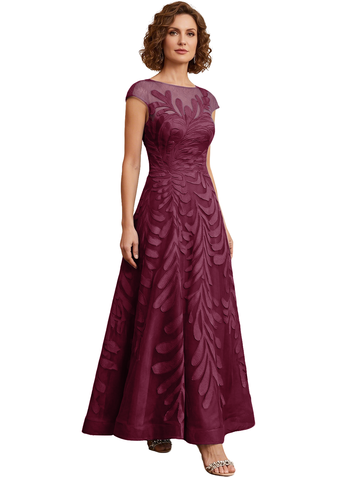 Embroidered Tulle Mother of the Bride Dress Long A-Line Gown with Illusion Cap Sleeves