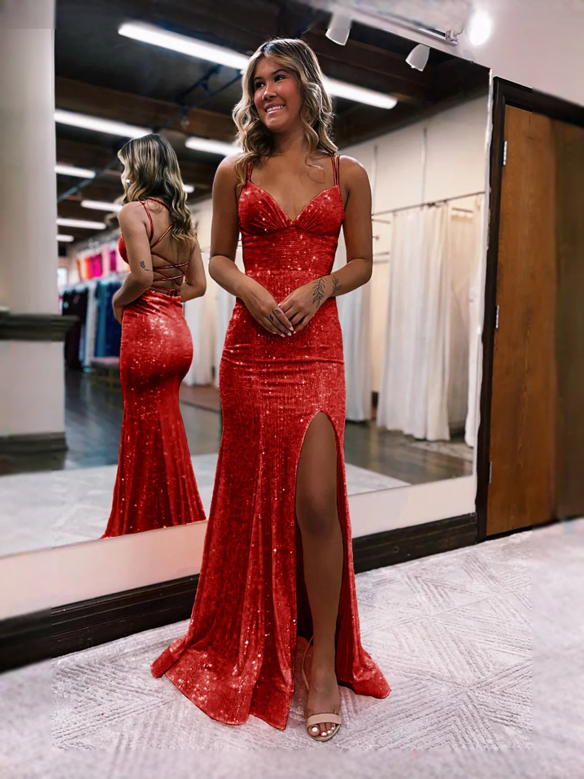 Sequin Slit V Neck Sheath Floor-Length Prom Dress for Prom Night
