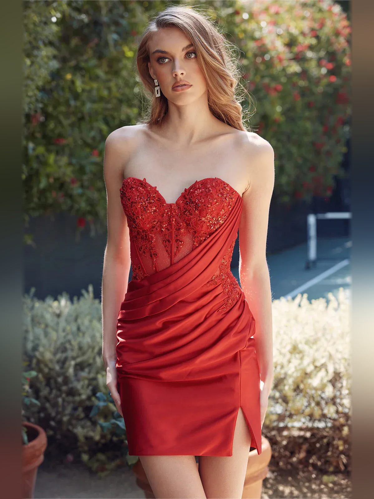 Ruched Corset Slit Sweetheart Sheath Short Satin Homecoming Dress for Gala Reception
