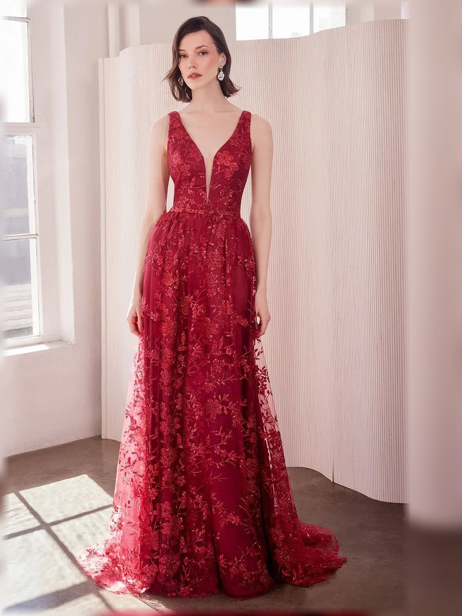 Floral Print V Neck A-Line Floor-Length Formal Dress