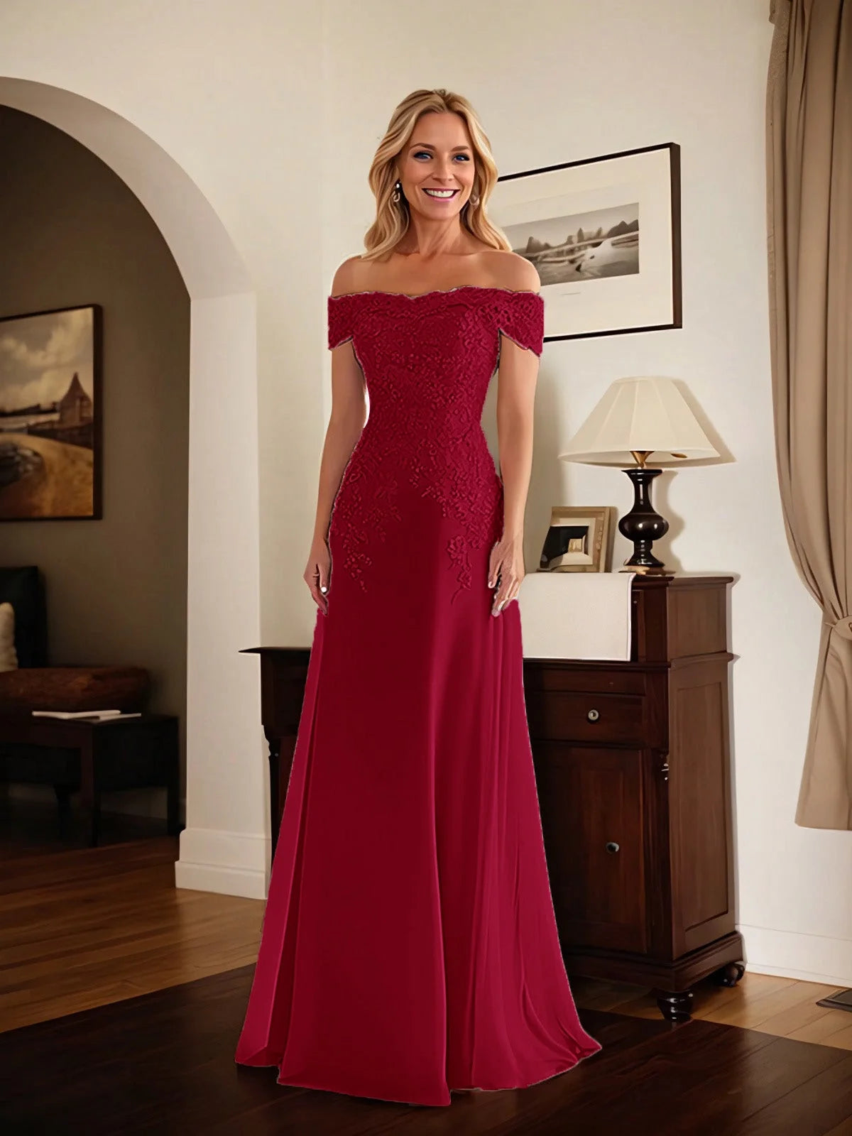 Ruffled Beaded Off Shoulder Mermaid Floor-Length Mother of the Bride Dress for Wedding Weekend