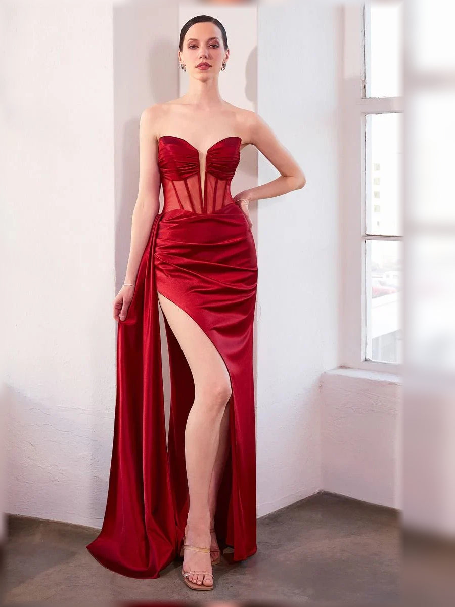 Strapless Corset Slit Floor-Length Sultry Formal Dress