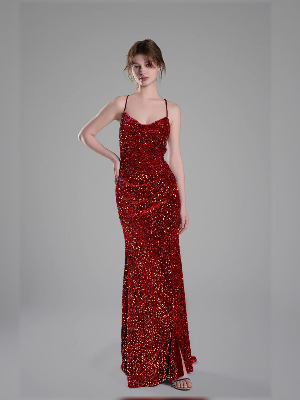 Cowl Neck Slit Open Back Floor-Length Formal Dress