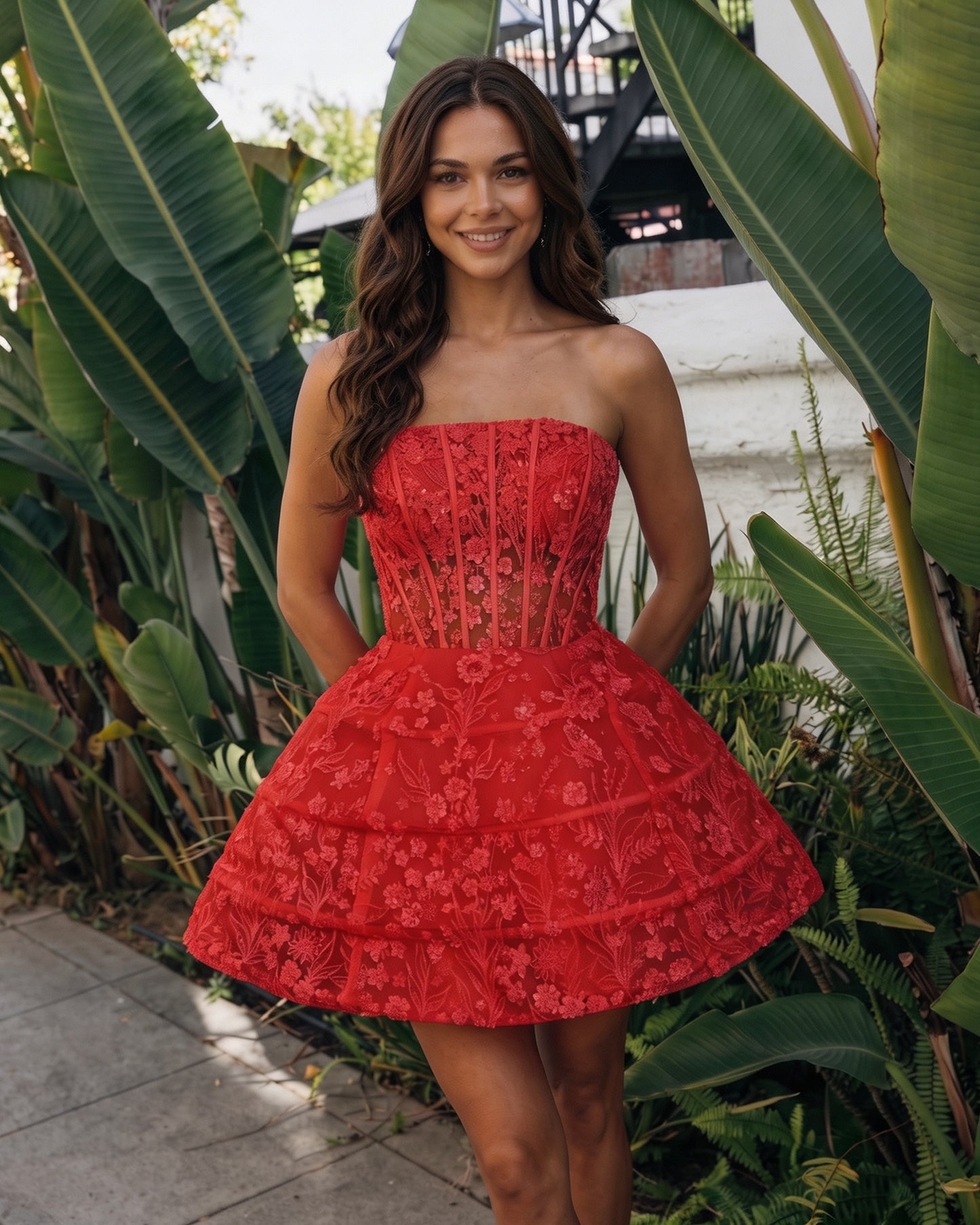Strapless Floral Embroidered Corset Tiered A-Line Mini Homecoming Dress