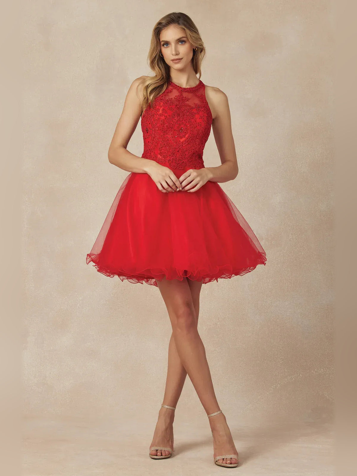 Beaded Halter Neck A-Line Short Tulle Homecoming Dress for Rooftop Reception