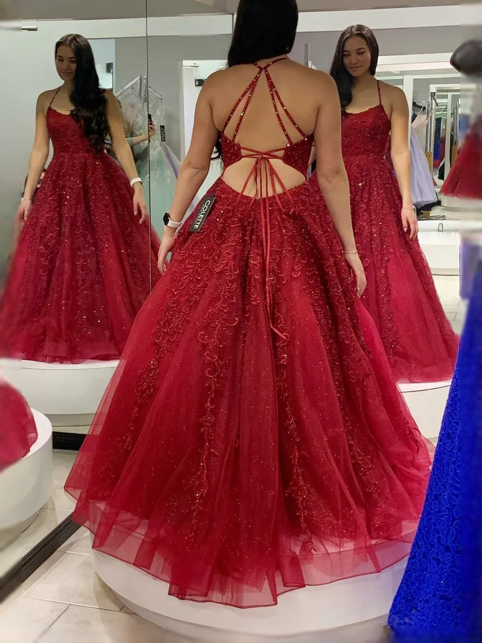 Draped Beaded Floral Backless Square Neck A-Line Maxi Tulle Prom Dress for Awards Dinner