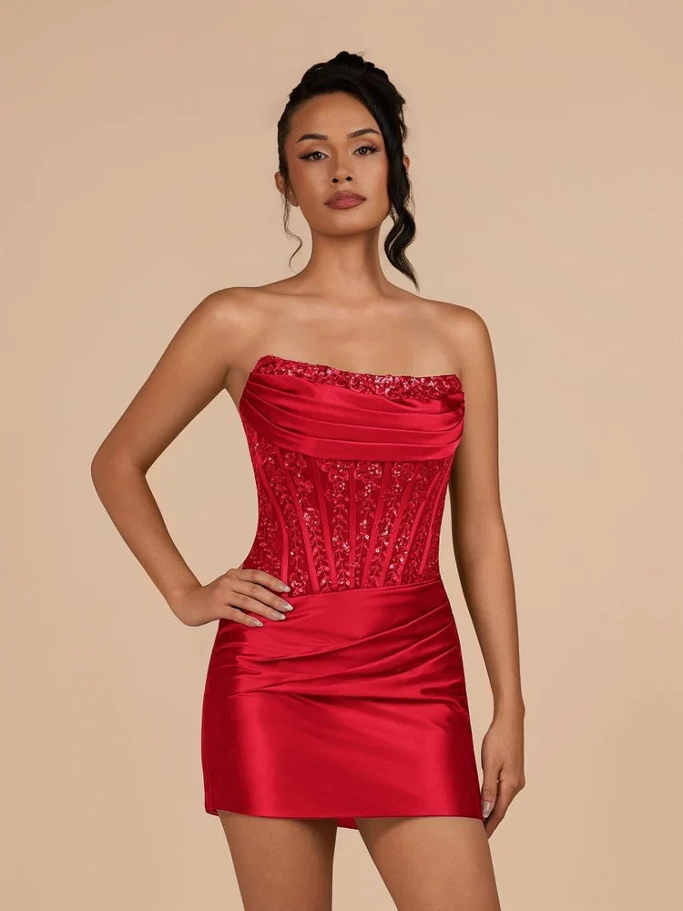Ruched Draped Strapless Bodycon Mini Satin Homecoming Dress for Formal Party