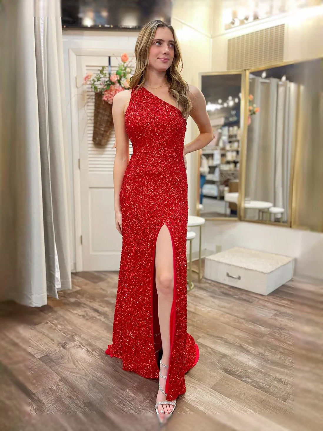 Red Sequin Slit One Shoulder Mermaid Floor-Length Prom Dress for Evening Event