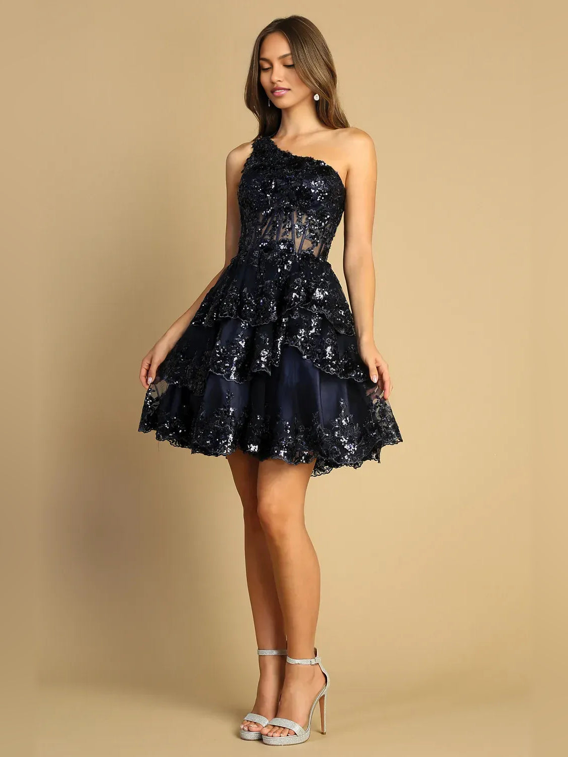 Corset Tiered One Shoulder A-Line Mini Tulle Homecoming Dress for Wedding Weekend