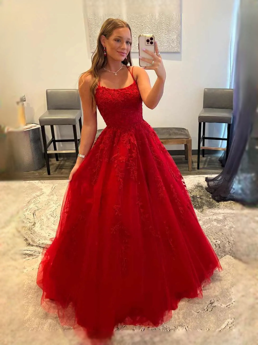 Red Corset Beaded Floral Square Neck A-Line Maxi Tulle Prom Dress for Gala