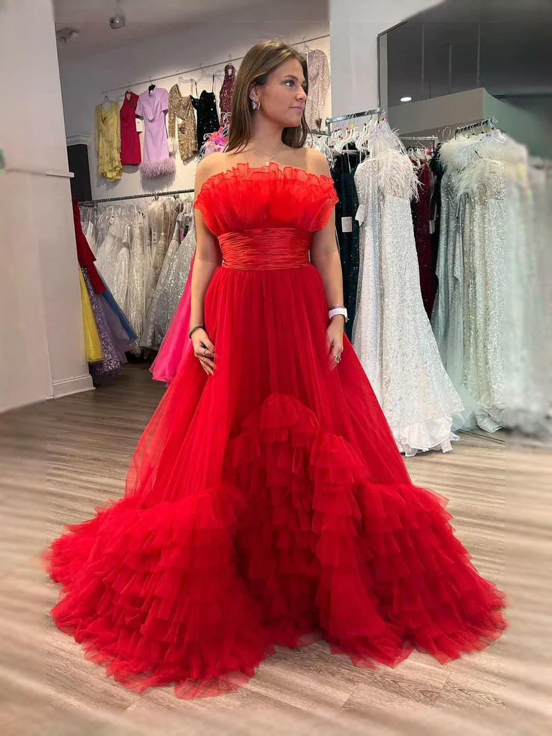 Ruched Draped Ruffled Sweetheart A-Line Maxi Tulle Prom Dress for Evening Event