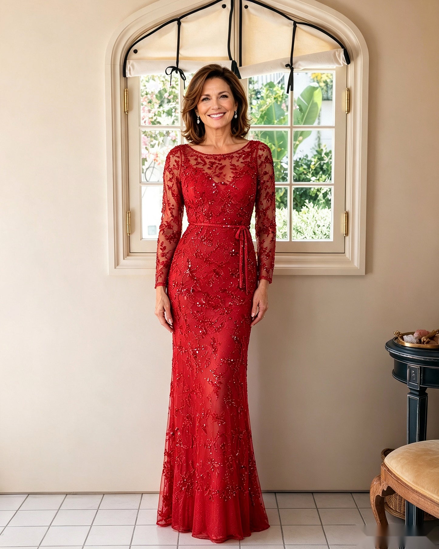 Illusion Lace Long Sleeve Sheath Mother of the Bride Dress